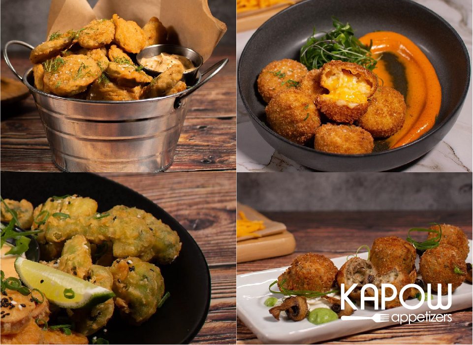 KAPOW Appetizers - Pickle Chips, Mac & Cheese Bite, Breaded Mushroom Bites and Tempura Broccoli.